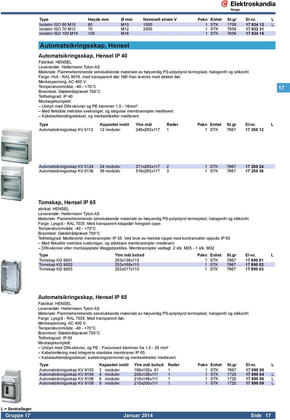 Automatsikringsskap, Hensel IP 40 Fabrikat: HENSEL Leverandør: Hellermann Tyton AS Materiale: Flammehemmende selvslukkende materiale av høyverdig PS-polystyrol termoplast, halogenfri og silikonfri