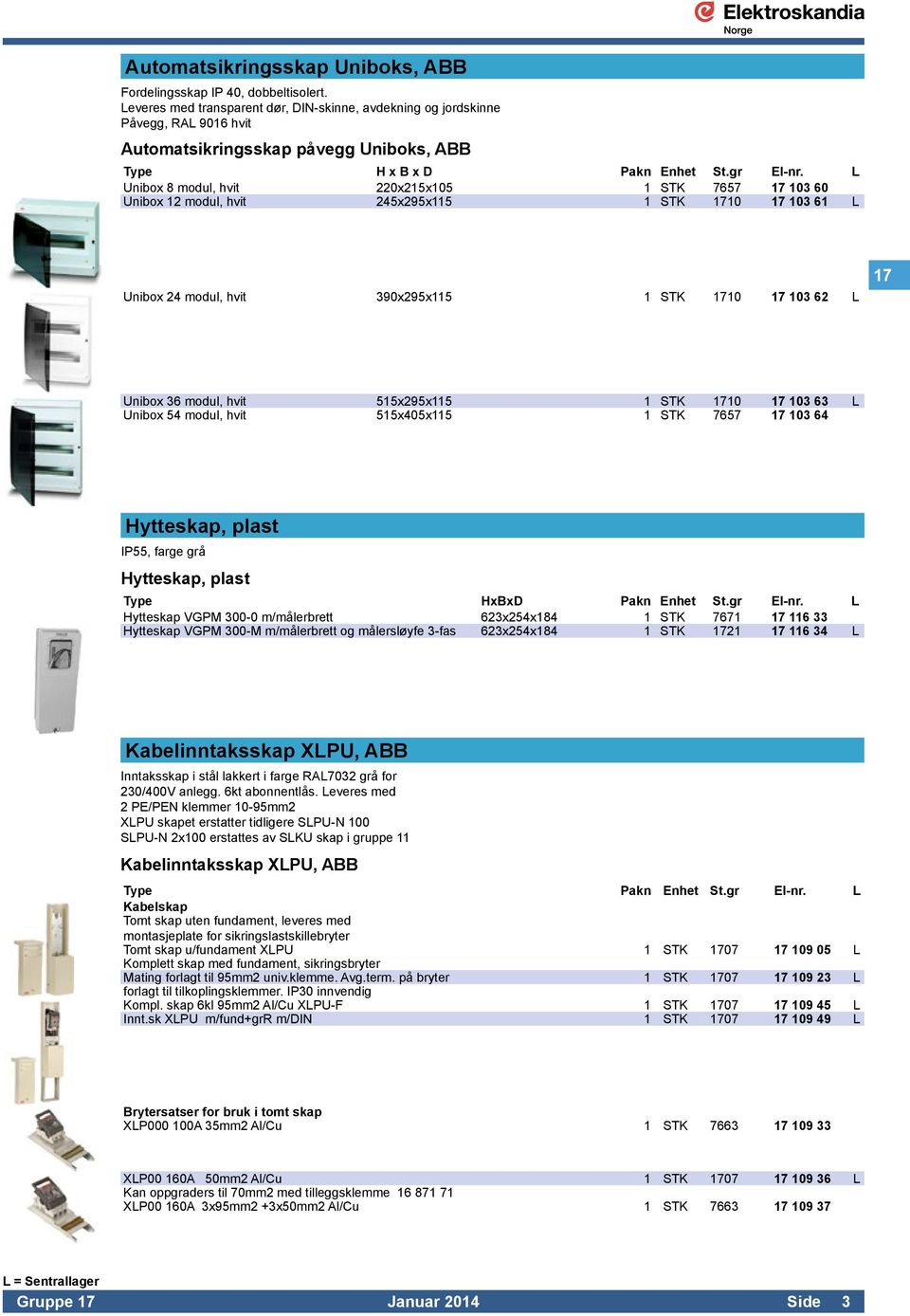 L Unibox 8 modul, hvit 220x215x105 1 STK 7657 17 103 60 Unibox 12 modul, hvit 245x295x115 1 STK 1710 17 103 61 L Unibox 24 modul, hvit 390x295x115 1 STK 1710 17 103 62 L 17 Unibox 36 modul, hvit