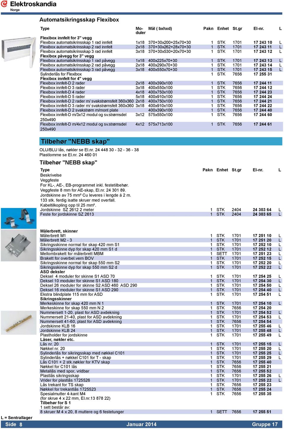 17 243 11 L Flexibox automatsikrinsskap 3 rad innfelt 3x18 370+30x530+20x70+30 1 STK 1701 17 243 12 L Flexibox påvegg for 3" vegg Flexibox automatsikrinsskap 1 rad påvegg 1x18 400x225x70+30 1 STK