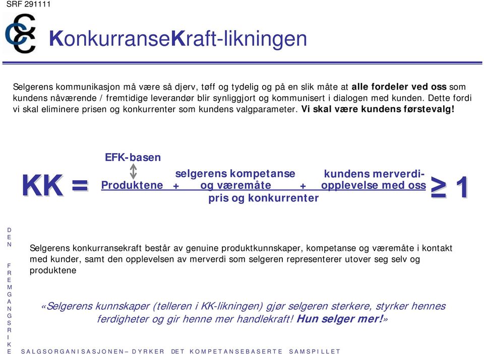 -basen selgerens kompetanse = Produktene + og væremåte + opplevelse med oss pris og konkurrenter kundens merverdi- 1 elgerens konkurransekraft består av genuine produktkunnskaper, kompetanse og