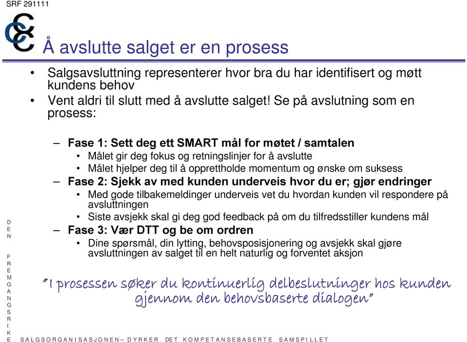 2: jekk av med kunden underveis hvor du er; gjør endringer ed gode tilbakemeldinger underveis vet du hvordan kunden vil respondere på avsluttningen iste avsjekk skal gi deg god feedback på om du