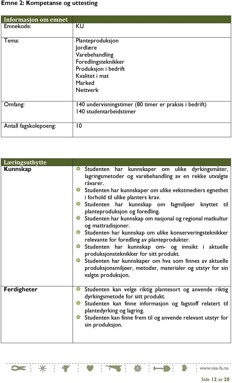 lagringsmetoder og varebehandling av en rekke utvalgte råvarer. Studenten har kunnskaper om ulike vekstmediers egnethet i forhold til ulike planters krav.