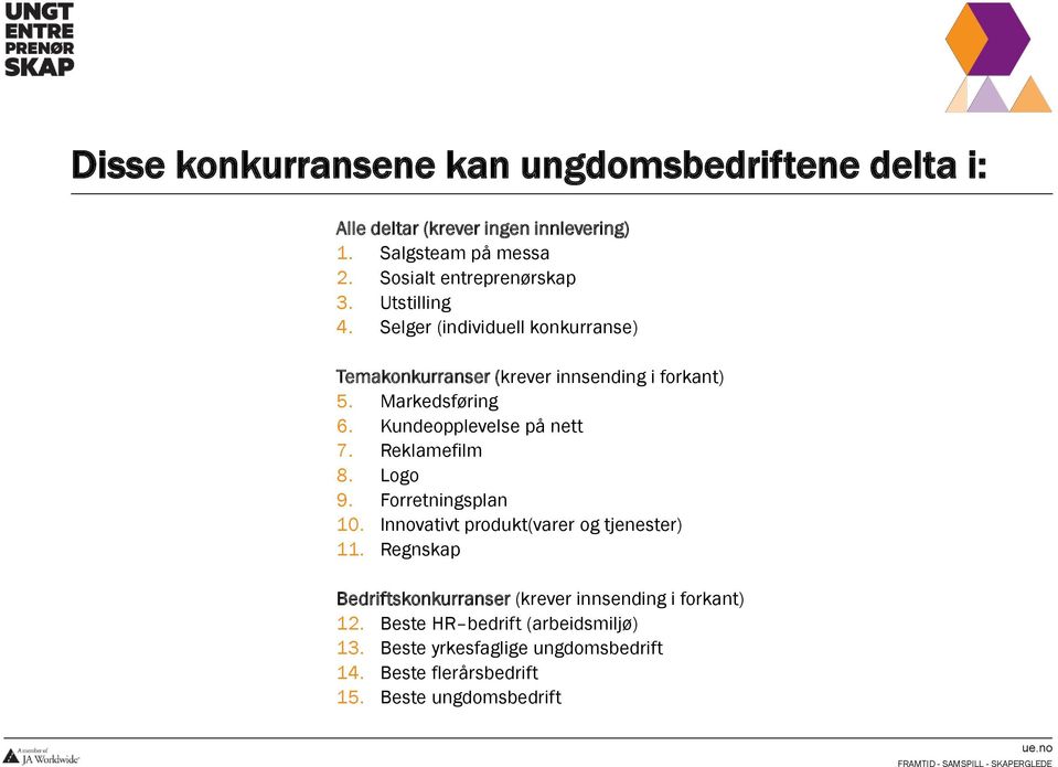 Markedsføring 6. Kundeopplevelse på nett 7. Reklamefilm 8. Logo 9. Forretningsplan 10. Innovativt produkt(varer og tjenester) 11.