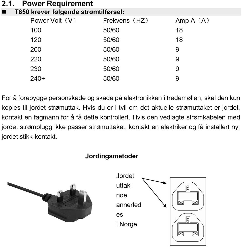 Hvis du er i tvil om det aktuelle strømuttaket er jordet, kontakt en fagmann for å få dette kontrollert.