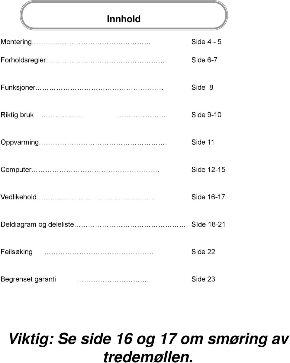 Side 12-15 Vedlikehold Side 16-17 Deldiagram og deleliste SIde 18-21