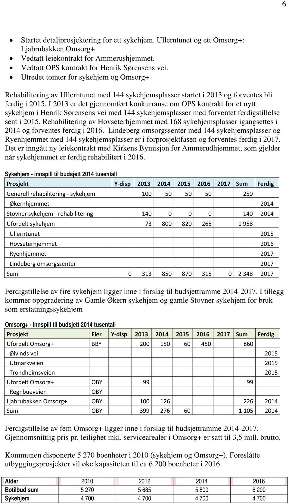 I 2013 er det gjennomført konkurranse om OPS kontrakt for et nytt sykehjem i Henrik Sørensens vei med 144 sykehjemsplasser med forventet ferdigstillelse sent i 2015.