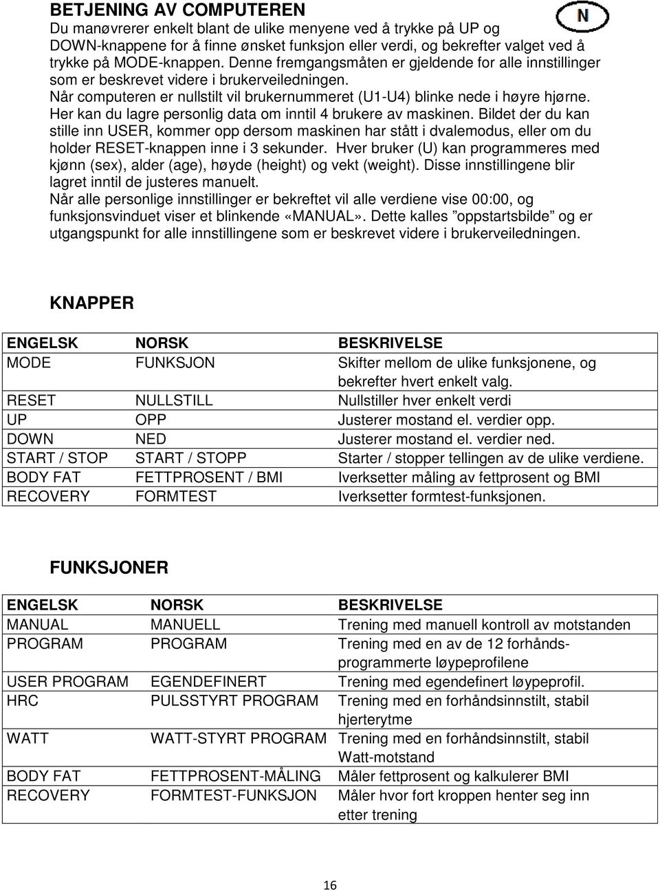 Her kan du lagre personlig data om inntil 4 brukere av maskinen.