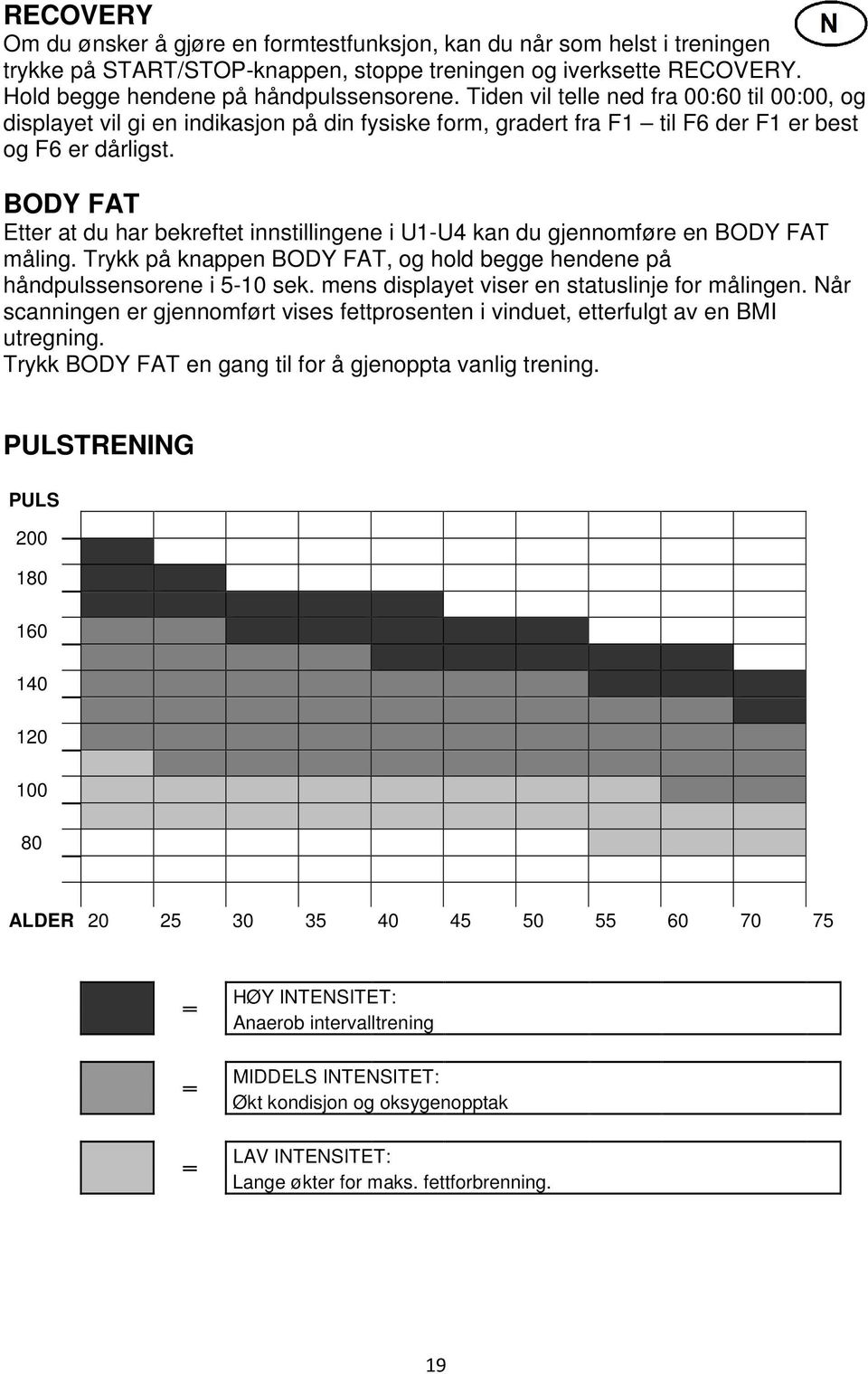 BODY FAT Etter at du har bekreftet innstillingene i U1-U4 kan du gjennomføre en BODY FAT måling. Trykk på knappen BODY FAT, og hold begge hendene på håndpulssensorene i 5-10 sek.