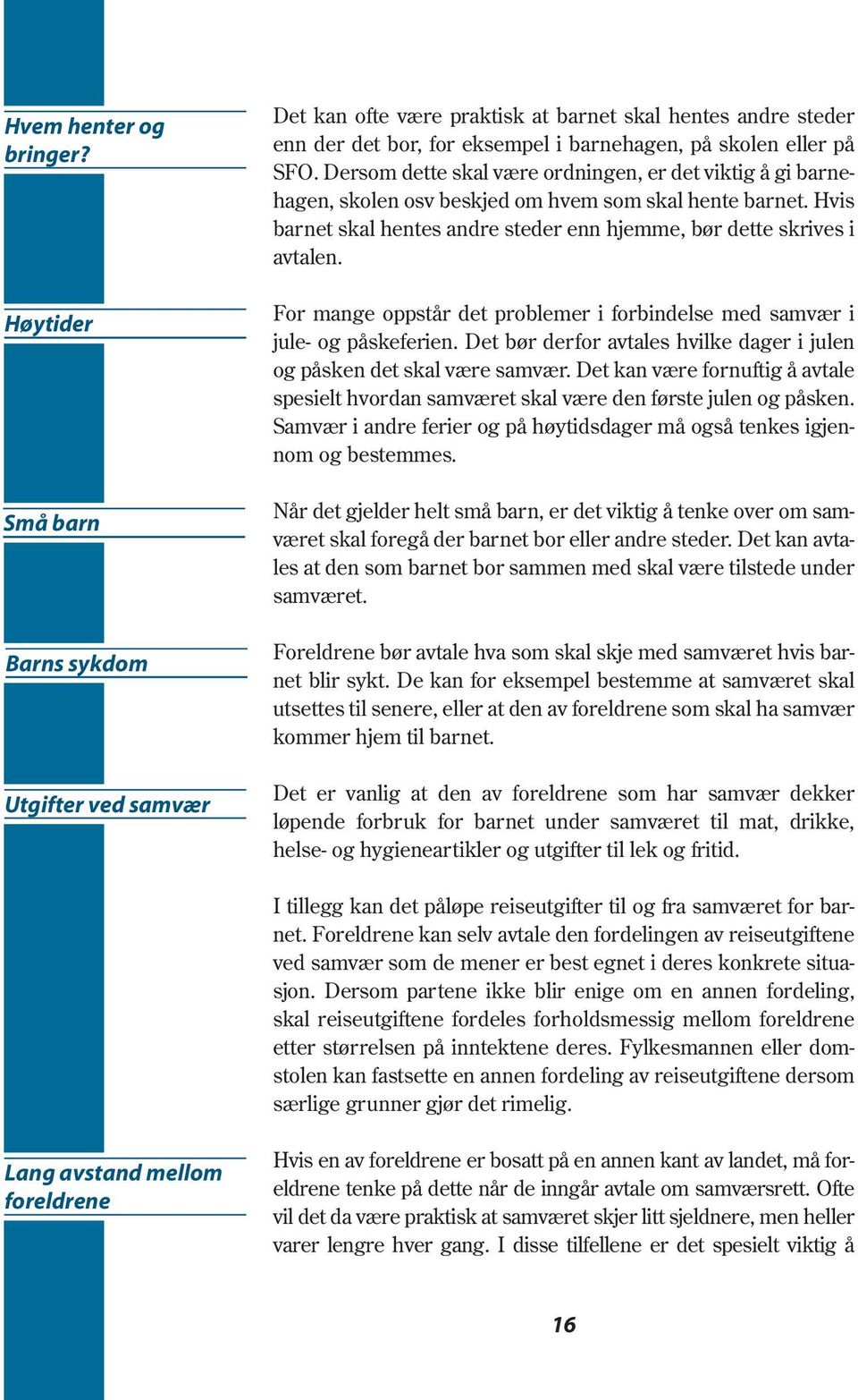 Dersom dette skal være ordningen, er det viktig å gi barnehagen, skolen osv beskjed om hvem som skal hente barnet. Hvis barnet skal hentes andre steder enn hjemme, bør dette skrives i avtalen.