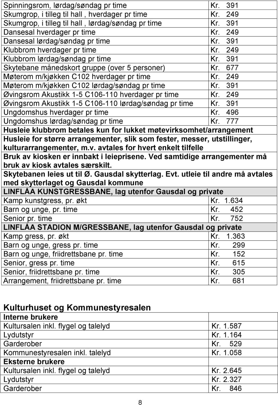 677 Møterom m/kjøkken C102 hverdager pr time Kr. 249 Møterom m/kjøkken C102 lørdag/søndag pr time Kr. 391 Øvingsrom Akustikk 1-5 C106-110 hverdager pr time Kr.