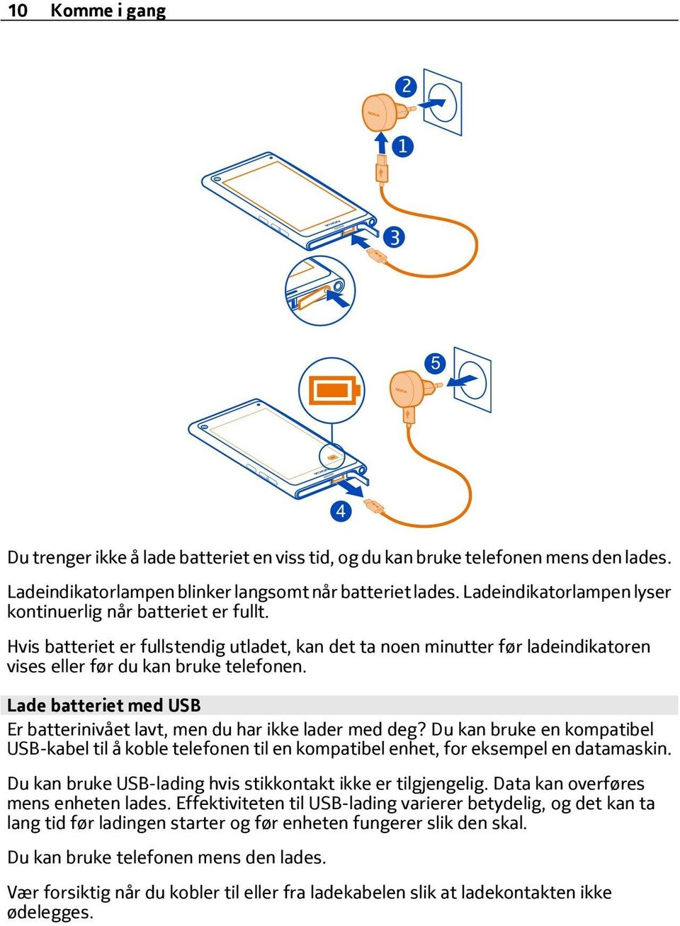 Lade batteriet med USB Er batterinivået lavt, men du har ikke lader med deg? Du kan bruke en kompatibel USB-kabel til å koble telefonen til en kompatibel enhet, for eksempel en datamaskin.