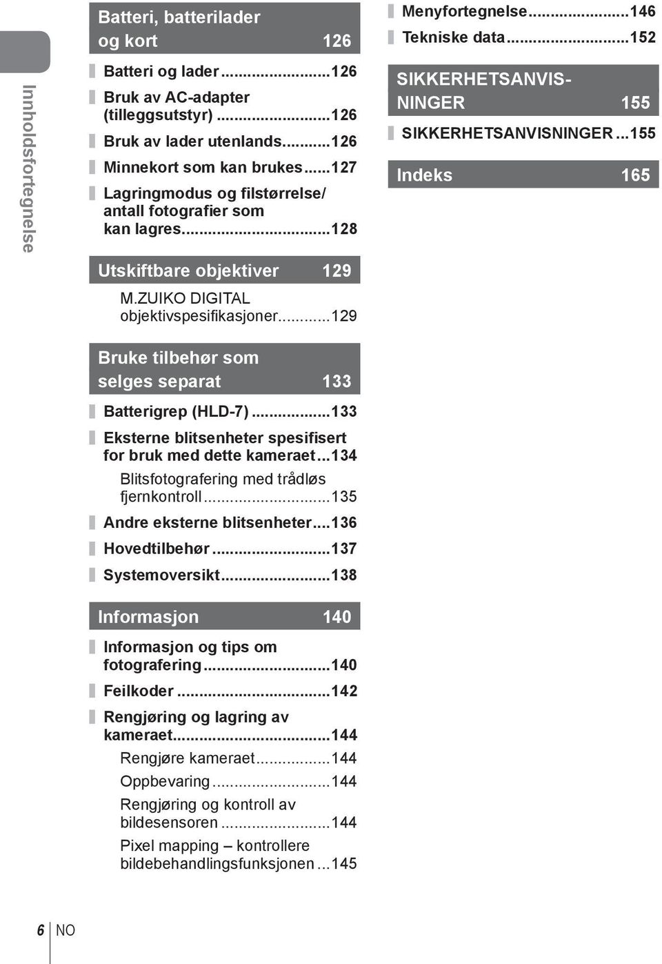 ..129 SIKKERHETSANVIS- NINGER 155 SIKKERHETSANVISNINGER...155 Indeks 165 Bruke tilbehør som selges separat 133 Batterigrep (HLD-7)...133 Eksterne blitsenheter spesifisert for bruk med dette kameraet.