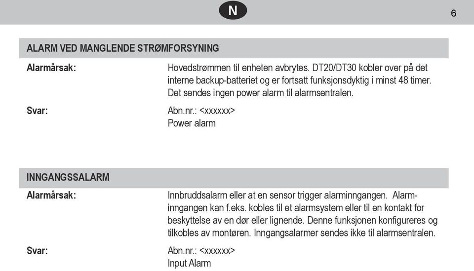 Abn.nr.: <xxxxxx> Power alarm INNGANGSSALARM Alarmårsak: Svar: Innbruddsalarm eller at en sensor trigger alarminngangen. Alarminngangen kan f.eks.