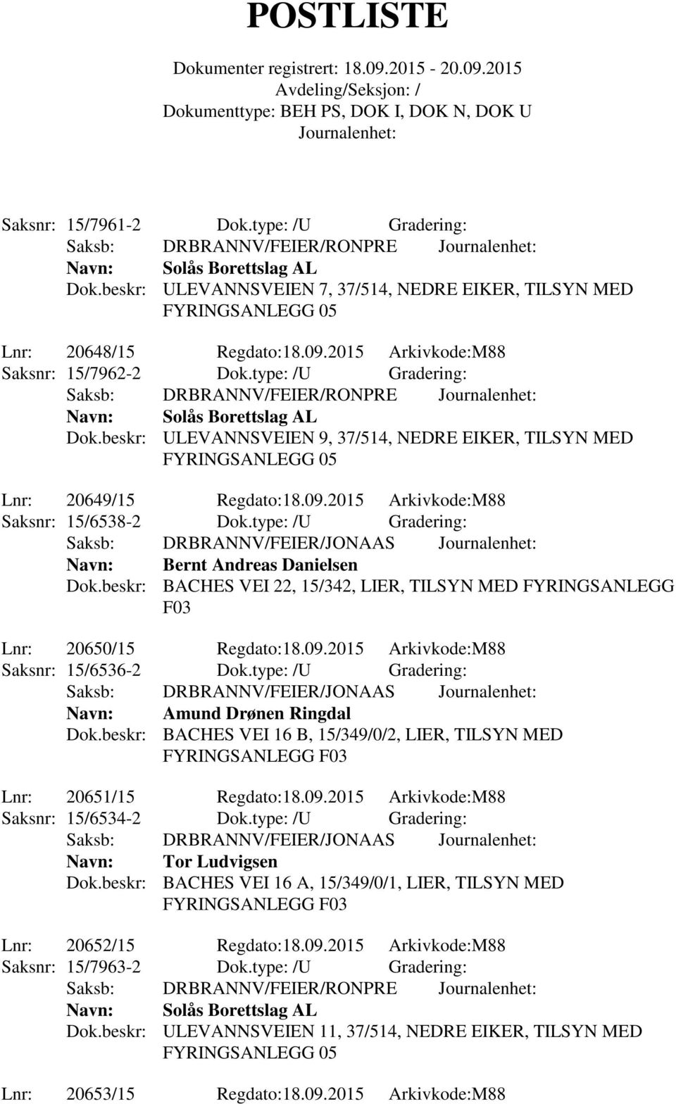 beskr: ULEVANNSVEIEN 9, 37/514, NEDRE EIKER, TILSYN MED FYRINGSANLEGG 05 Lnr: 20649/15 Regdato:18.09.2015 Arkivkode:M88 Saksnr: 15/6538-2 Dok.