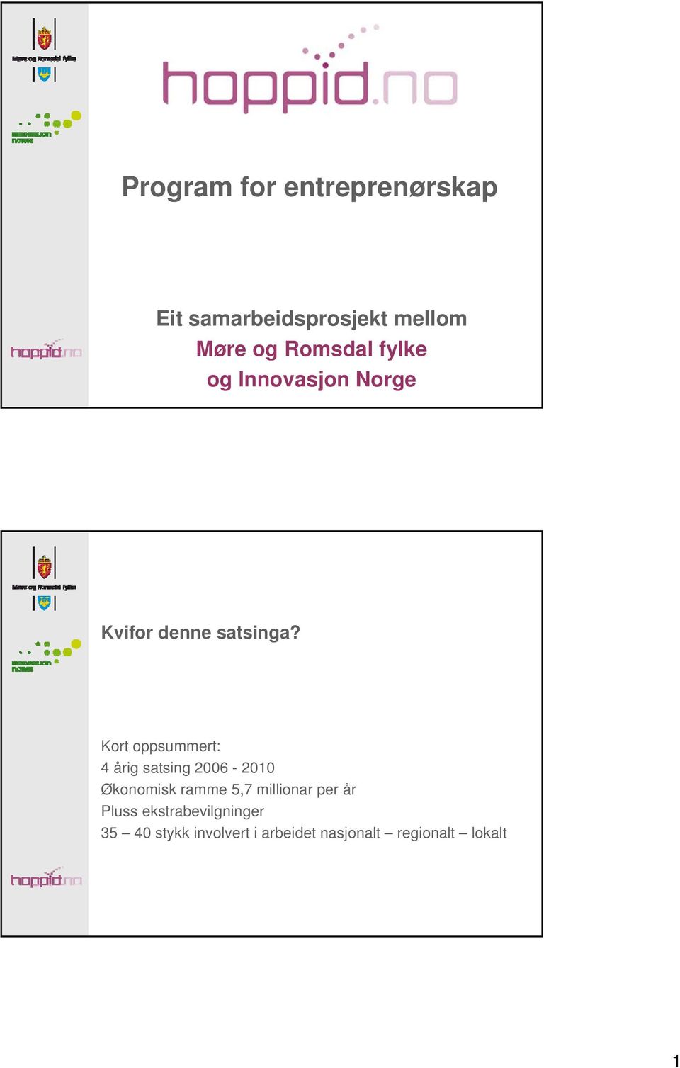 Kort oppsummert: 4 årig satsing 2006-2010 Økonomisk ramme 5,7 millionar