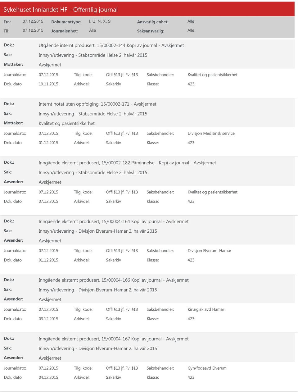 dato: 01.12.2015 Arkivdel: Sakarkiv Inngående eksternt produsert, 15/00002-182 Påminnelse - Kopi av journal - Innsyn/utlevering - Stabsområde Helse 2. halvår 2015 Kvalitet og pasientsikkerhet Dok.