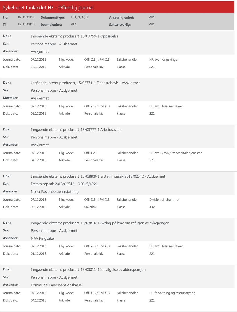 2015 Arkivdel: Personalarkiv Inngående eksternt produsert, 15/03777-1 Arbeidsavtale Personalmappe - HR avd Gjøvik/Prehospitale tjenester Dok. dato: 04.12.