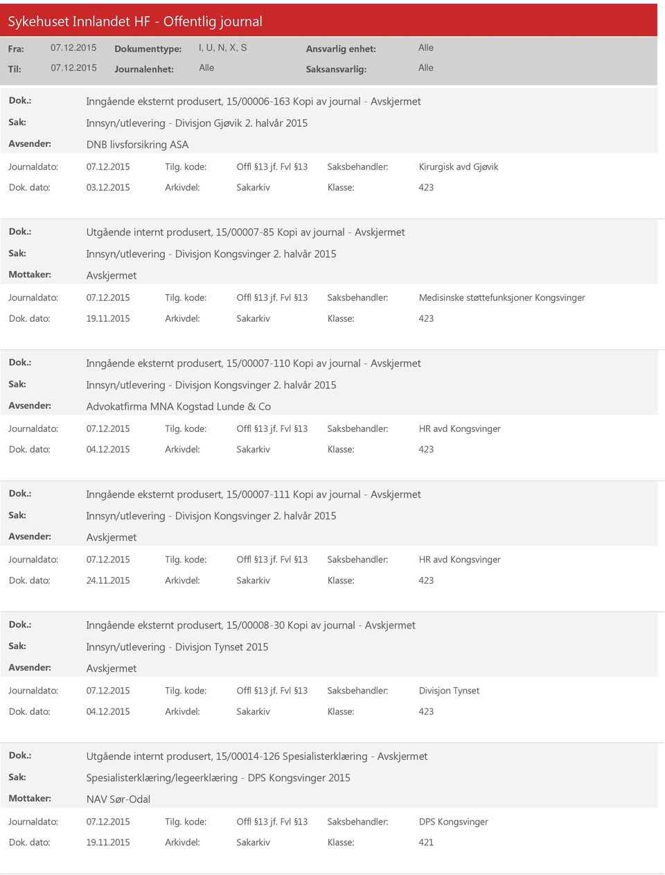 halvår 2015 Medisinske støttefunksjoner Kongsvinger Inngående eksternt produsert, 15/00007-110 Kopi av journal - Innsyn/utlevering - Divisjon Kongsvinger 2.