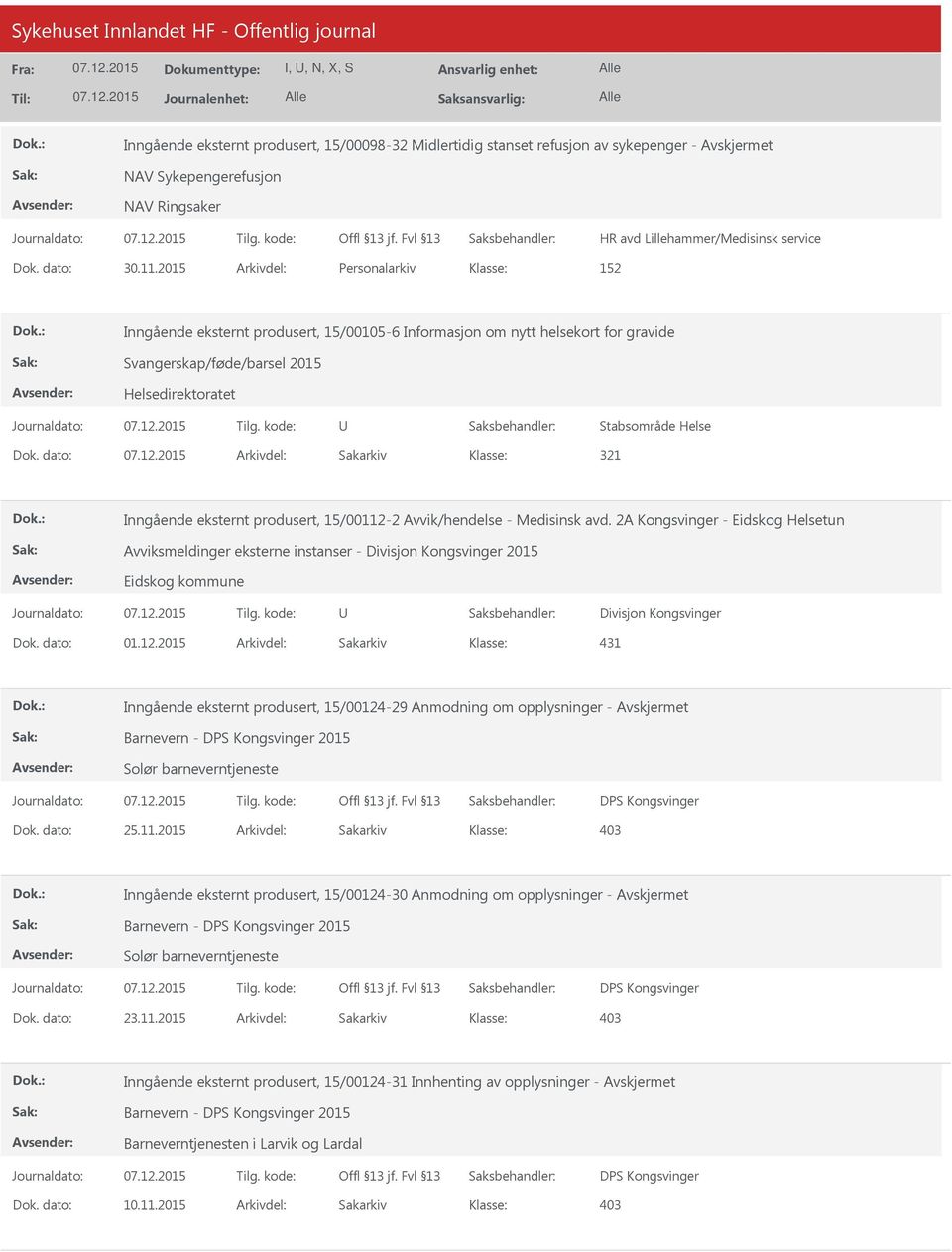 dato: Arkivdel: Sakarkiv 321 Inngående eksternt produsert, 15/00112-2 Avvik/hendelse - Medisinsk avd.