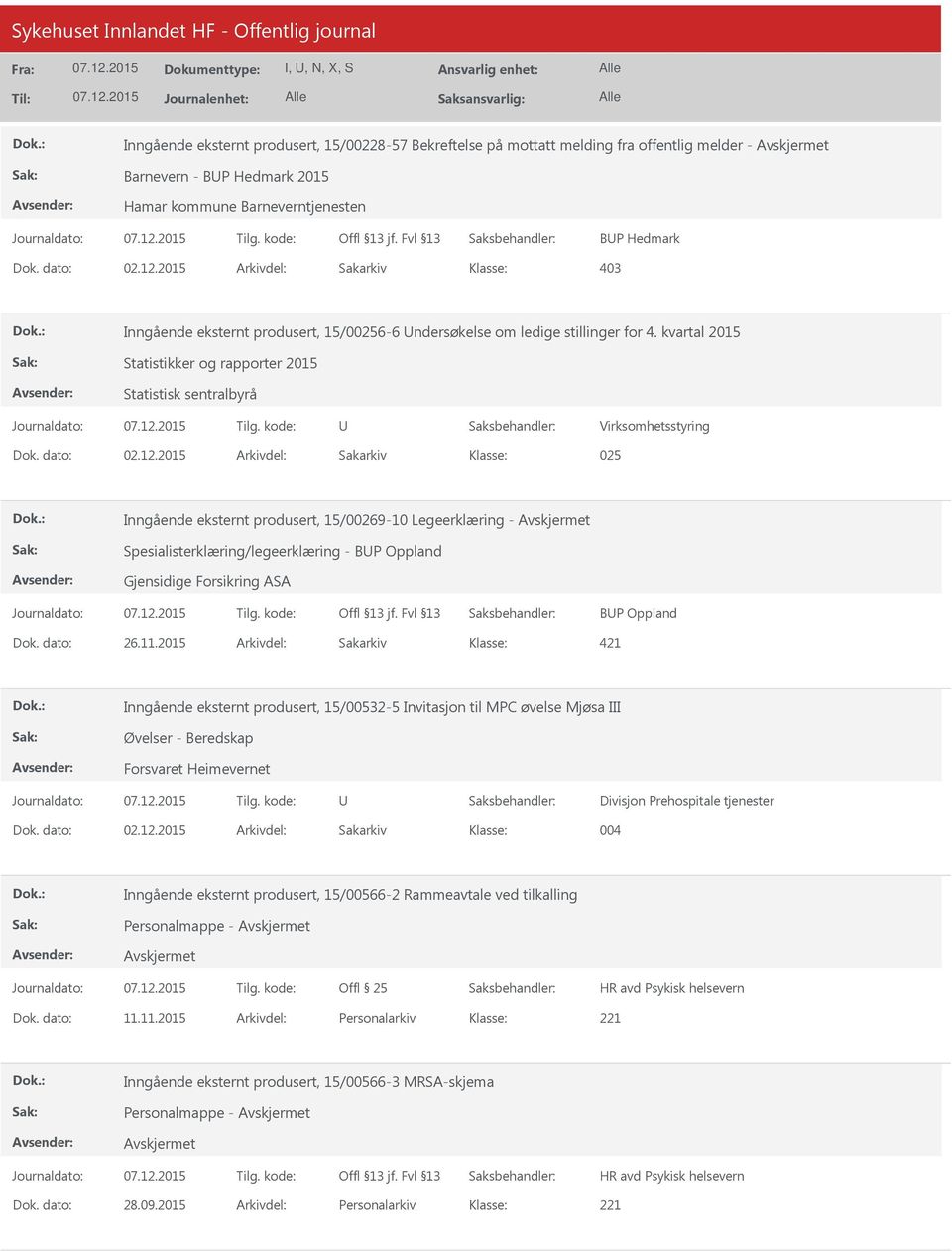 kvartal 2015 Statistikker og rapporter 2015 Statistisk sentralbyrå Virksomhetsstyring 025 Inngående eksternt produsert, 15/00269-10 Legeerklæring - Spesialisterklæring/legeerklæring - BP Oppland