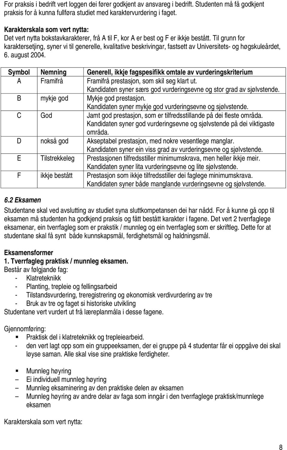 Til grunn for karaktersetjing, syner vi til generelle, kvalitative beskrivingar, fastsett av Universitets- og høgskuleårdet, 6. august 2004.