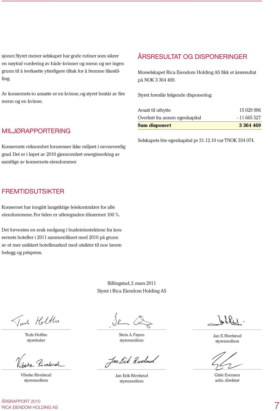 Miljørapportering Konsernets virksomhet forurenser ikke miljøet i nevneverdig grad. Det er i løpet av 2010 gjennomført energimerking av samtlige av konsernets eiendommer.