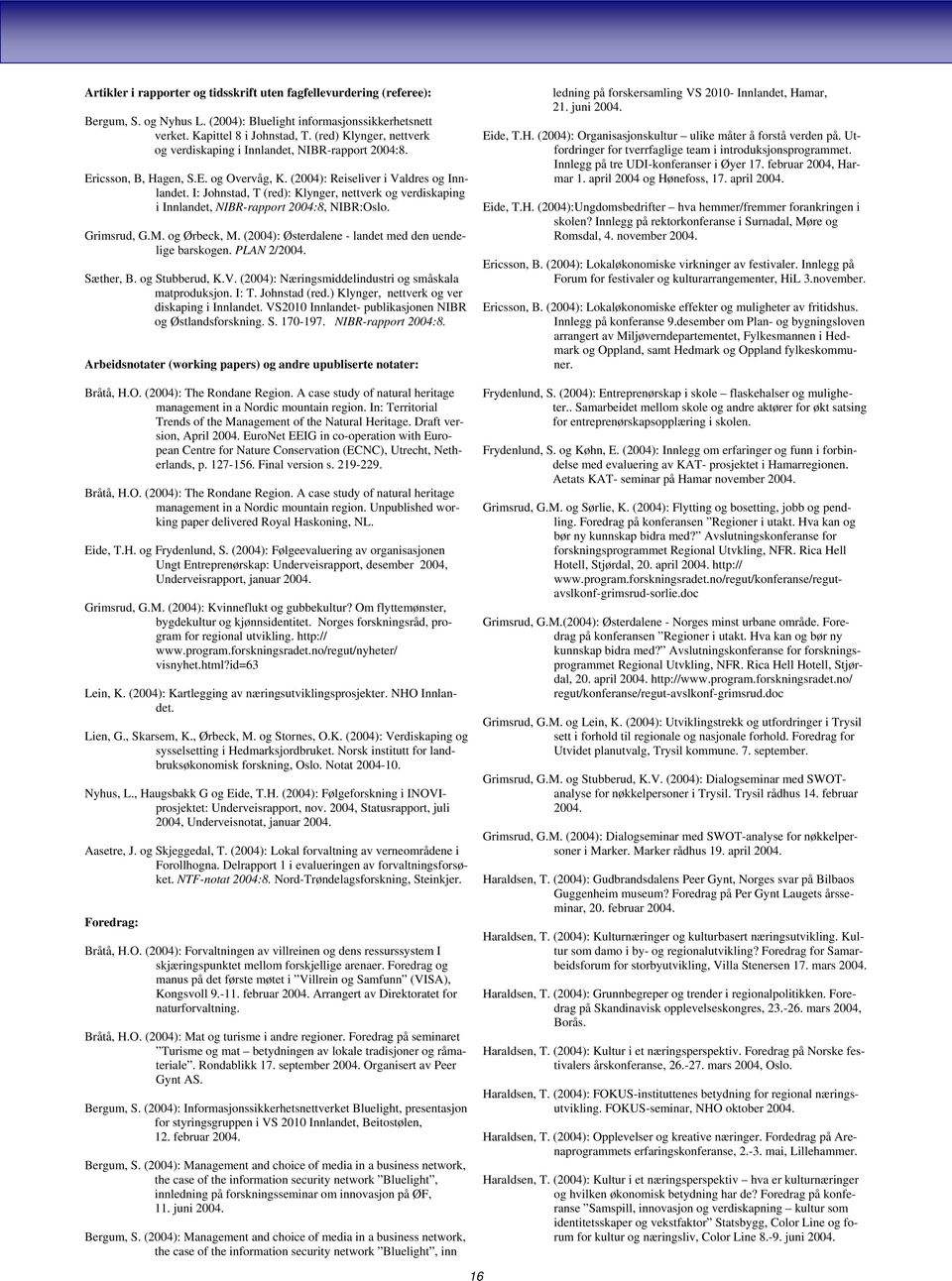 I: Johnstad, T (red): Klynger, nettverk og verdiskaping i Innlandet, NIBR-rapport 2004:8, NIBR:Oslo. Grimsrud, G.M. og Ørbeck, M. (2004): Østerdalene - landet med den uendelige barskogen. PLAN 2/2004.