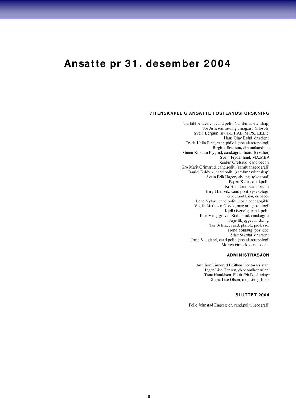 MBA Reidun Grefsrud, cand.oecon. Gro Marit Grimsrud, cand.polit. (samfunnsgeografi) Ingrid Guldvik, cand.polit. (samfunnsvitenskap) Svein Erik Hagen, siv.ing. (økonomi) Espen Køhn, cand.polit. Kristian Lein, cand.