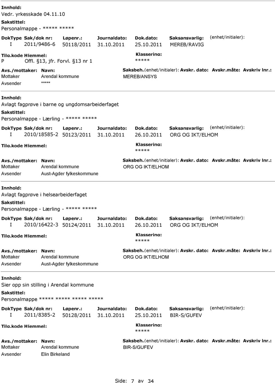 måte: Avskriv lnr.: ORG OG KT/ELHOM Avsender Aust-Agder fylkeskommune Avlagt fagprøve i helsearbeiderfaget Personalmappe - Lærling - 2010/16422-3 50124/2011 26.10.2011 ORG OG KT/ELHOM Avs.