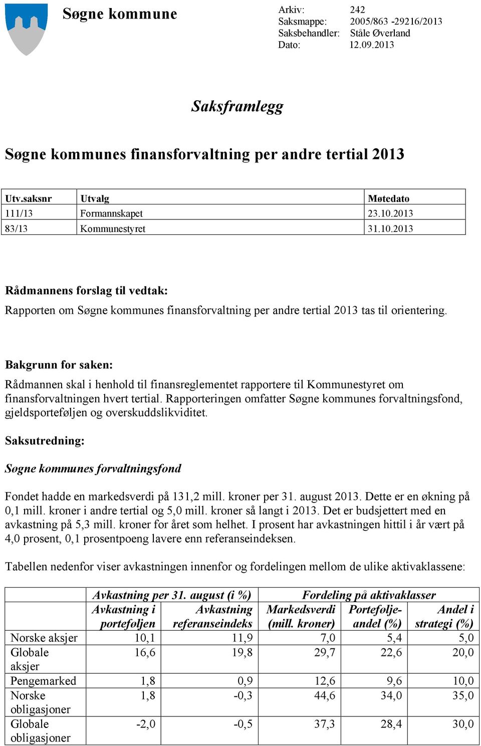 Bakgrunn for saken: Rådmannen skal i henhold til finansreglementet rapportere til Kommunestyret om finansforvaltningen hvert tertial.