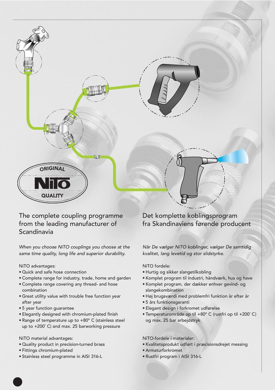 NiTO advantages: Quick and safe hose connection Complete range for industry, trade, home and garden Complete range covering any thread- and hose combination Great utility value with trouble free