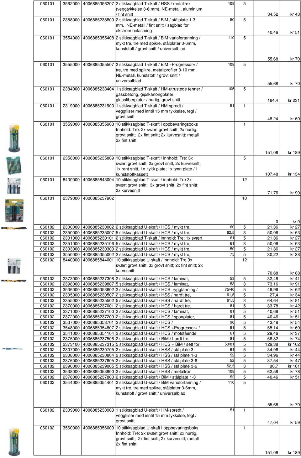 0600 000 40068807 2 stikksagblad T-skaft / BiM»Progressor«/ tre, tre med spikre, metallprofiler -0 mm, NE-metall, kunststoff / grovt snitt / universalblad 0600 284000 40068828404 stikksagblad T-skaft