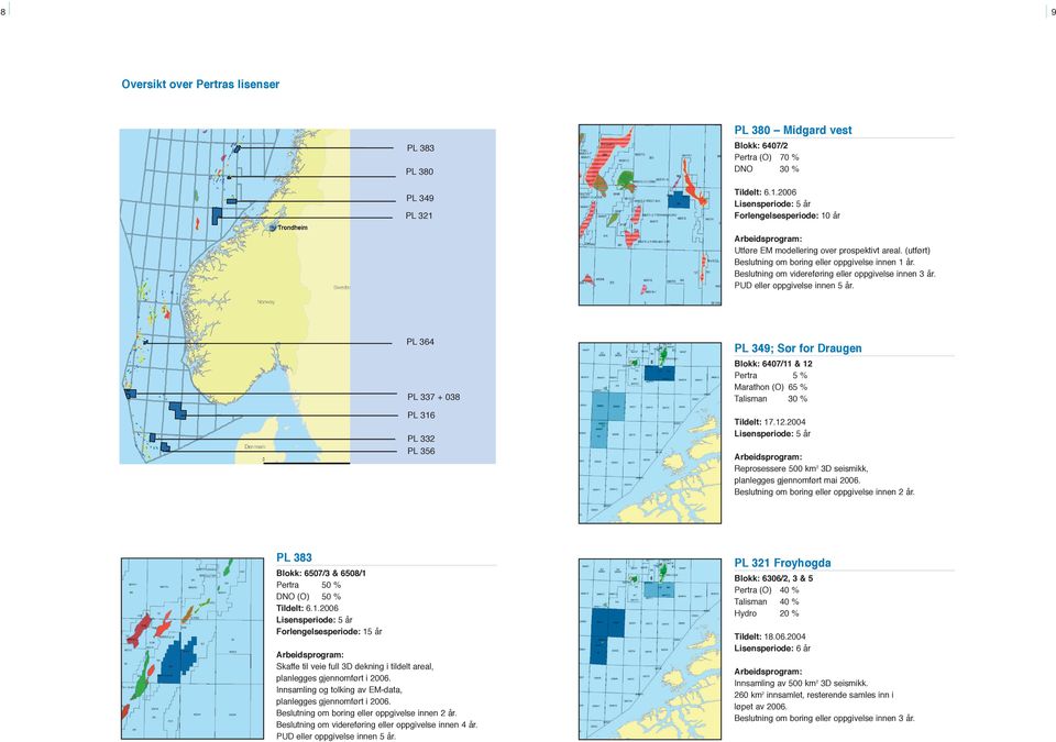 PL 364 PL 337 + 038 PL 316 PL 332 PL 356 PL 349; Sør for Draugen Blokk: 6407/11 & 12 Pertra 5 % Marathon (O) 65 % Talisman 30 % Tildelt: 17.12.2004 Lisensperiode: 5 år Arbeidsprogram: Reprosessere 500 km 2 3D seismikk, planlegges gjennomført mai 2006.