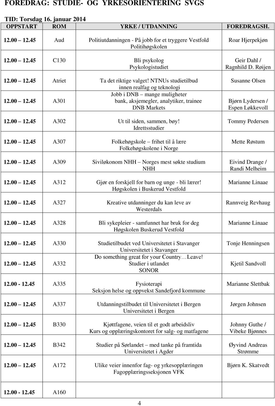 Idrettsstudier 12.00 12.45 A307 Folkehøgskole frihet til å lære Folkehøgskolene i Norge 12.00 12.45 A309 Siviløkonom NHH Norges mest søkte studium NHH 12.00 12.45 A312 Gjør en forskjell for barn og unge - bli lærer!