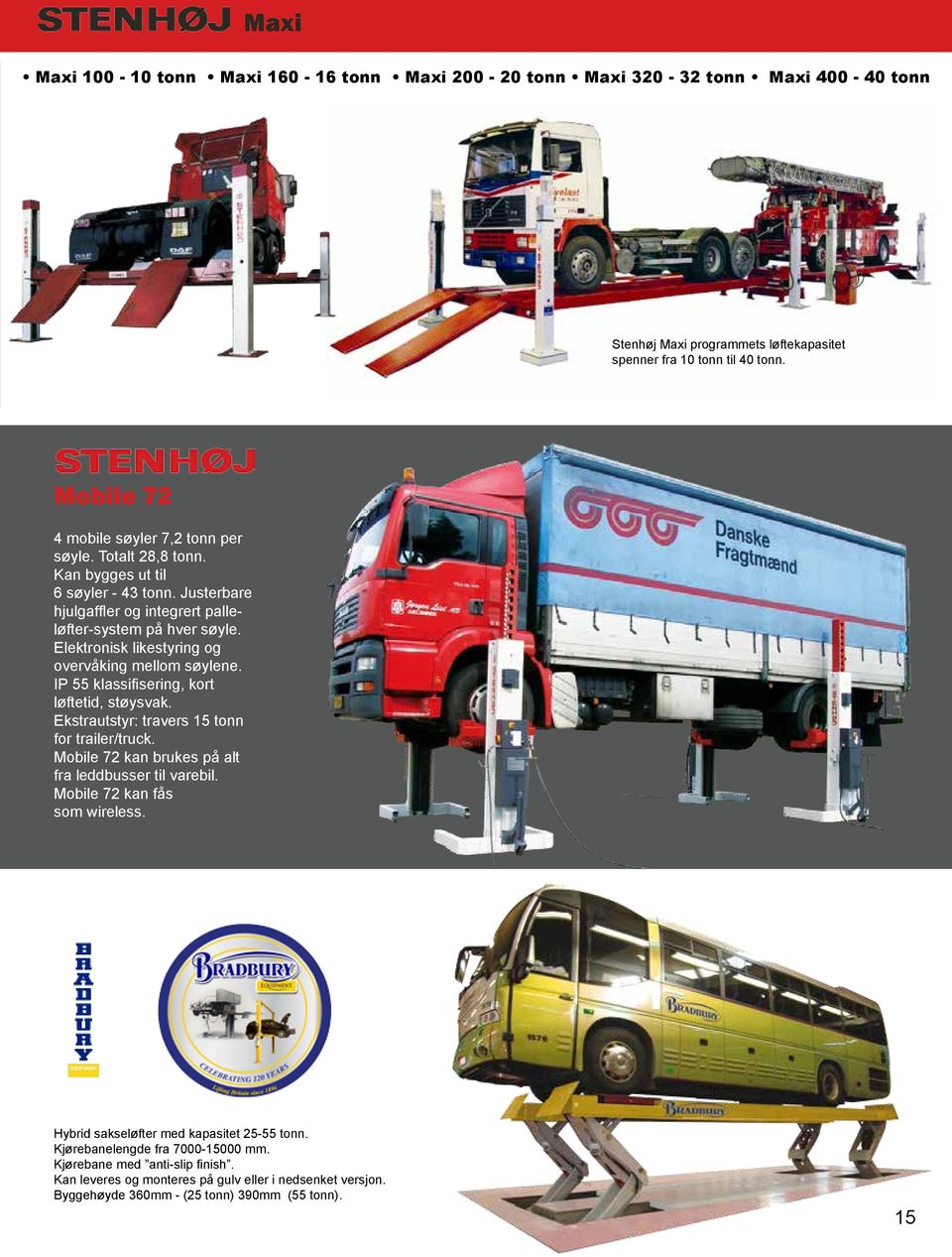 Elektronisk likestyring og overvåking mellom søylene. IP 55 klassifisering, kort løftetid, støysvak. Ekstrautstyr: travers 15 tonn for trailer/truck.