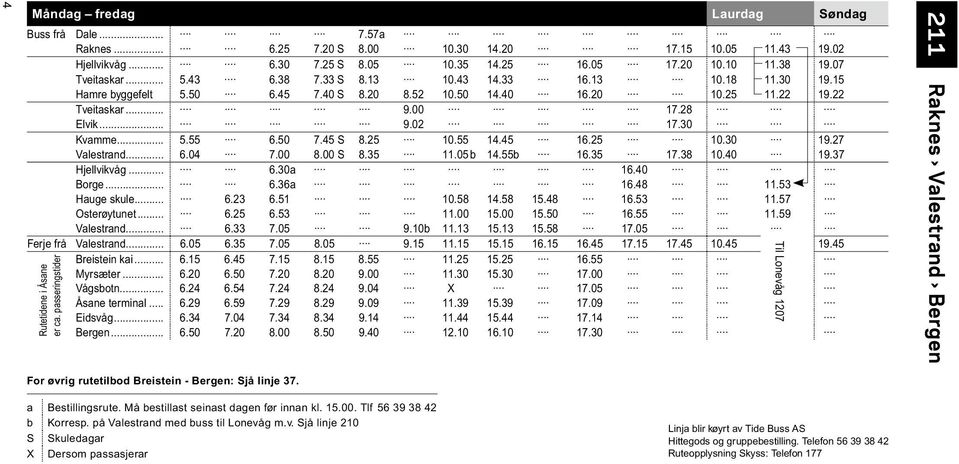 30 Kvamme... 5.55 6.50 7.45 S 8.25 10.55 14.45 16.25 10.30 19.27 Valestrand... 6.04 7.00 8.00 S 8.35 11.05 b 14.55b 16.35 17.38 10.40 19.37 Hjellvikvåg... 6.30a 16.40 Borge... 6.36a 16.48 11.