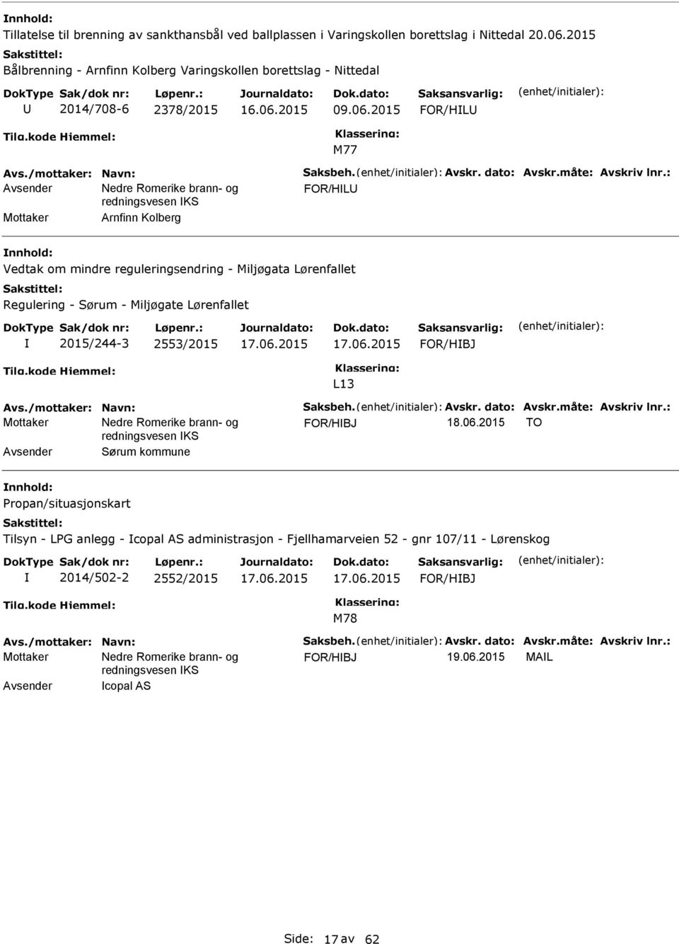 2015 FOR/HL FOR/HL Mottaker Arnfinn Kolberg Vedtak om mindre reguleringsendring - Miljøgata Lørenfallet Regulering - Sørum - Miljøgate Lørenfallet