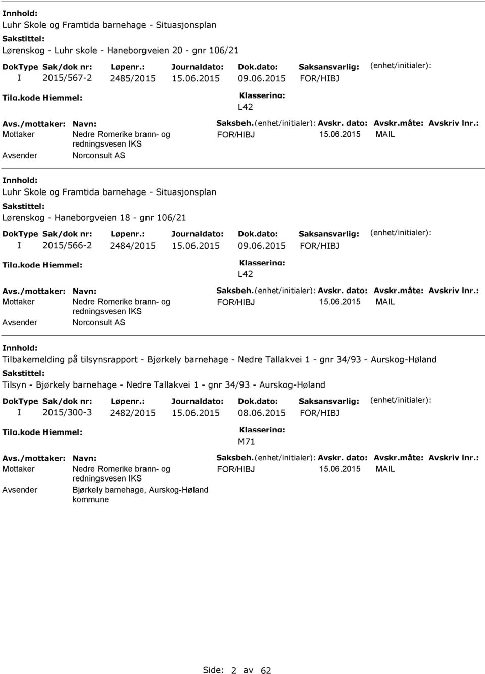 2015 FOR/HBJ L42 FOR/HBJ MAL Avsender Norconsult AS Luhr Skole og Framtida barnehage - Situasjonsplan Lørenskog - Haneborgveien 18 - gnr 106/21 2015/566-2