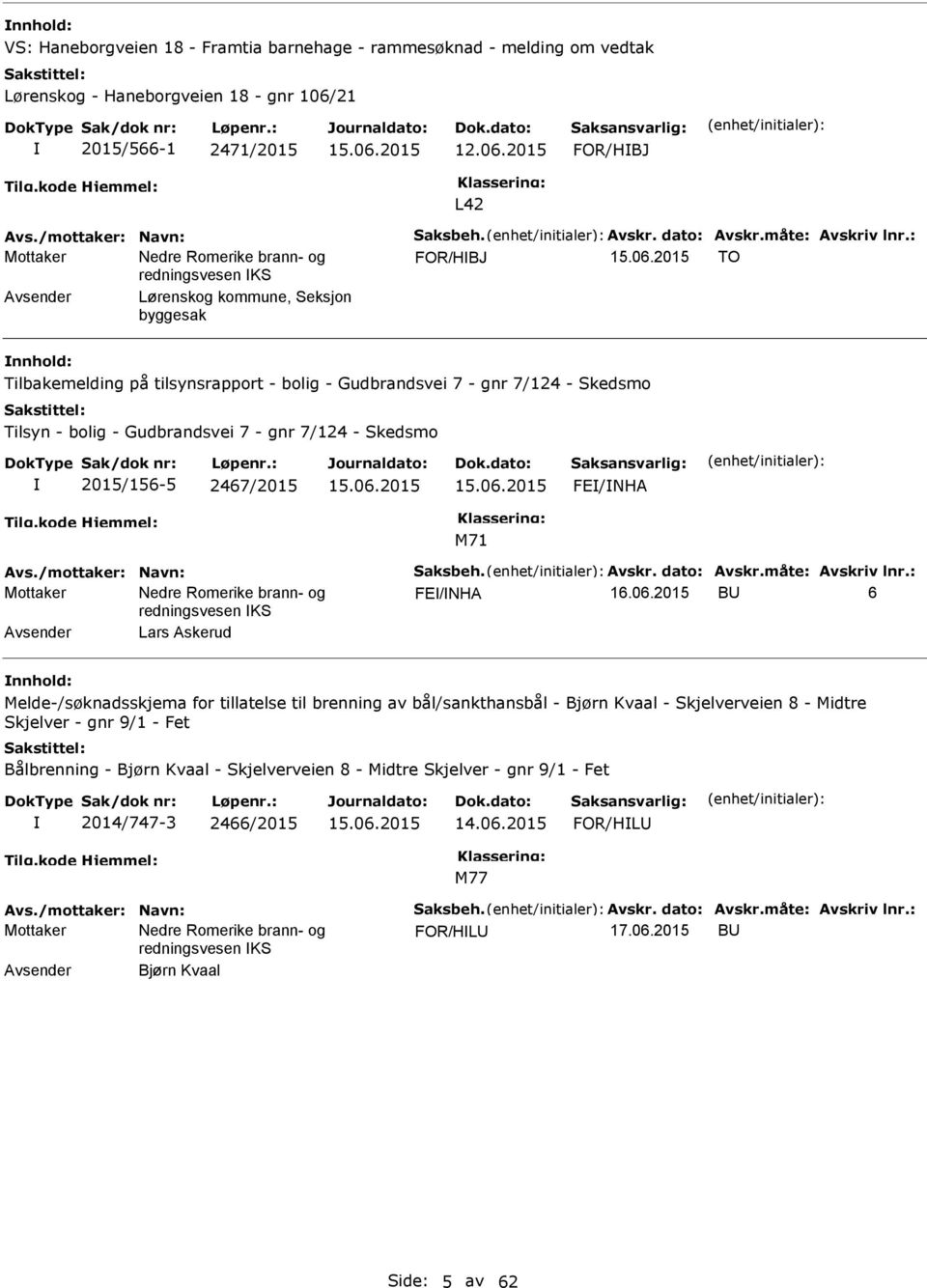 2015 FOR/HBJ L42 FOR/HBJ TO Avsender Lørenskog kommune, Seksjon byggesak Tilbakemelding på tilsynsrapport - bolig - Gudbrandsvei 7 - gnr 7/124 - Skedsmo Tilsyn - bolig -