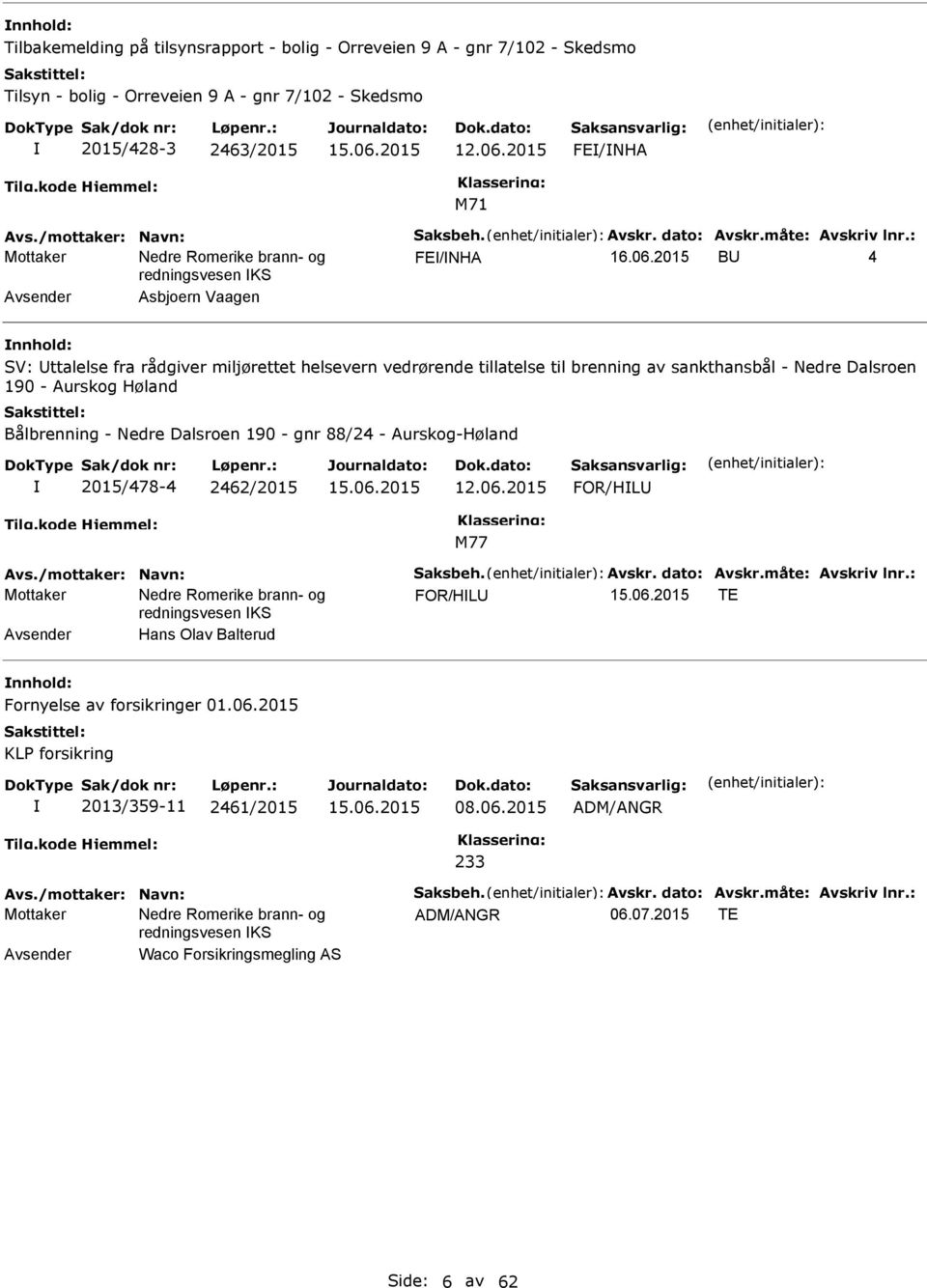 190 - Aurskog Høland Bålbrenning - Nedre Dalsroen 190 - gnr 88/24 - Aurskog-Høland 2015/478-4 2462/2015 12.06.