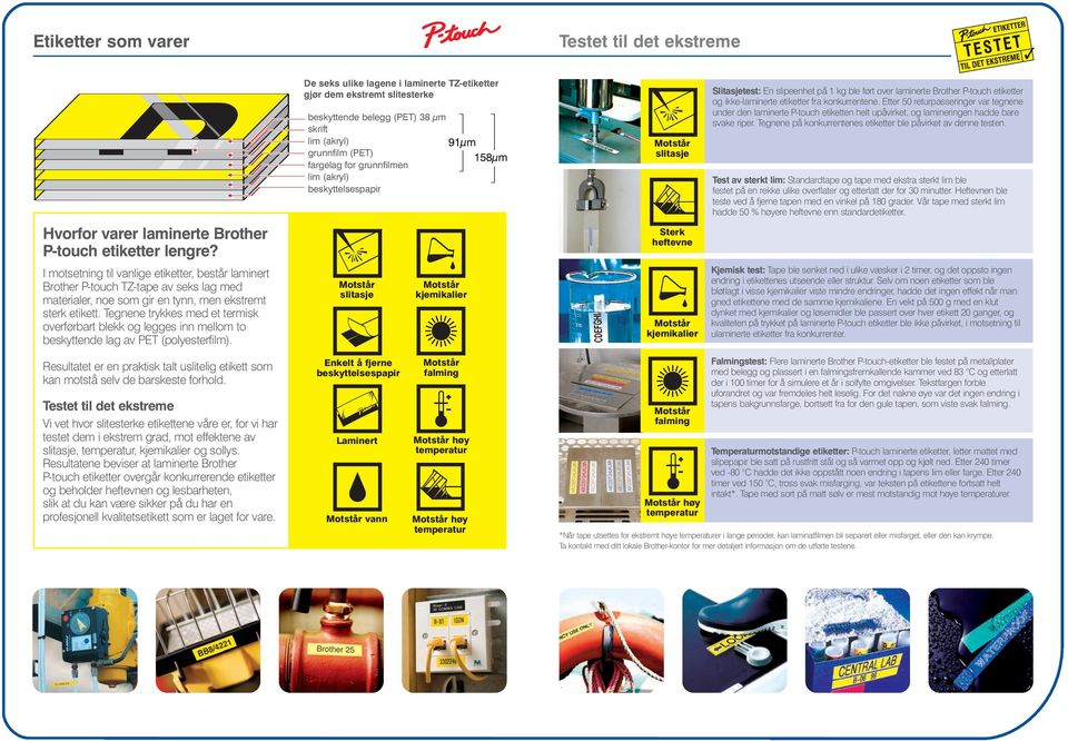 Etter 50 returpasseringer var tegnene under den laminerte P-touch etiketten helt upåvirket, og lamineringen hadde bare svake riper. Tegnene på konkurrentenes etiketter ble påvirket av denne testen.