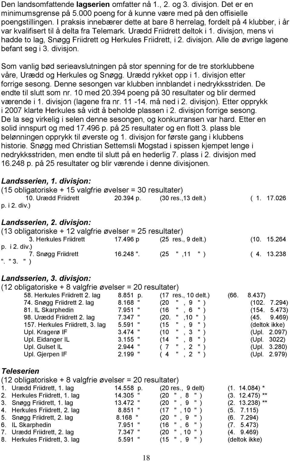 divisjon, mens vi hadde to lag, Snøgg Friidrett og Herkules Friidrett, i 2. divisjon. Alle de øvrige lagene befant seg i 3. divisjon. Som vanlig bød serieavslutningen på stor spenning for de tre storklubbene våre, Urædd og Herkules og Snøgg.