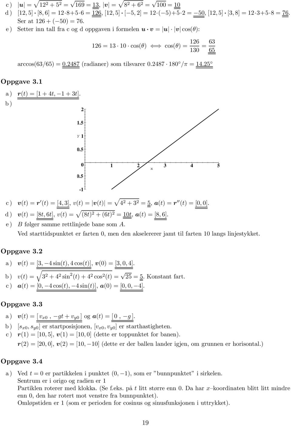 a) r(t) =[+4t, +3t]. b).5 y 0.5 0-0.5 3 4 5 x - c) v(t) =r (t) =[4, 3], v(t) = v(t) = 4 +3 =5, a(t) =r (t) =[0, 0]. d) v(t) =[8t, 6t], v(t) = (8t) +(6t) =0t, a(t) =[8, 6].