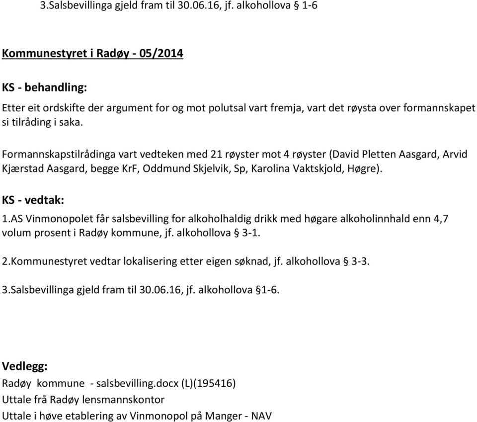 Formannskapstilrådinga vart vedteken med 21 røyster mot 4 røyster (David Pletten Aasgard, Arvid Kjærstad Aasgard, begge KrF, Oddmund Skjelvik, Sp, Karolina Vaktskjold, Høgre). KS - vedtak: 1.