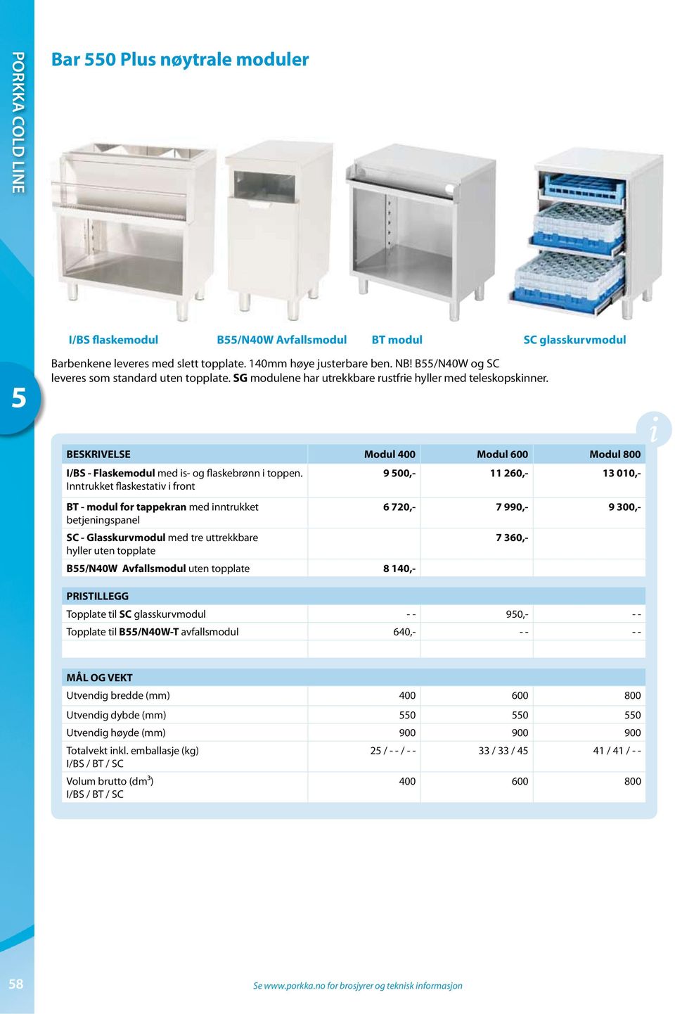 9 00,- 11 260,- 13 010,- Inntrukket flaskestativ i front BT - modul for tappekran med inntrukket 6 720,- 7 990,- 9 300,- betjeningspanel SC - Glasskurvmodul med tre uttrekkbare 7 360,- hyller uten