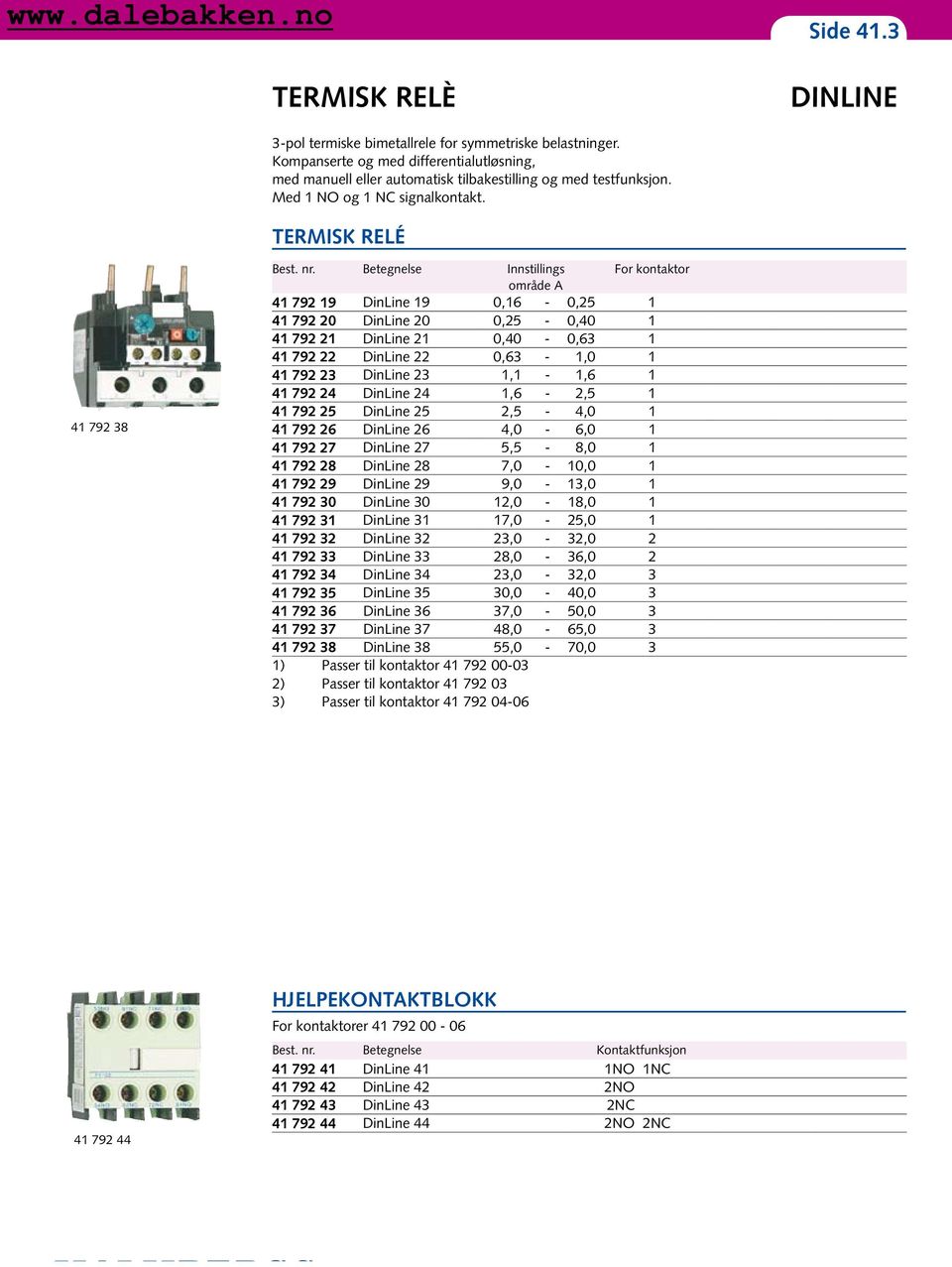 Betegnelse Innstillings For kontaktor område A 41 792 19 DinLine 19 0,16-0,25 1 41 792 20 DinLine 20 0,25-0,40 1 41 792 21 DinLine 21 0,40-0,63 1 41 792 22 DinLine 22 0,63-1,0 1 41 792 23 DinLine 23