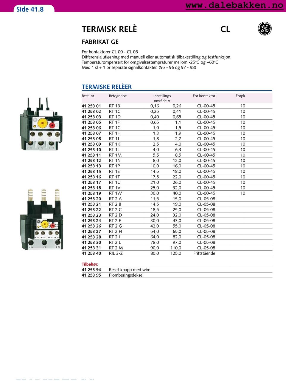 Betegnelse Innstillings For kontaktor Forpk område A 41 253 01 RT 1B 0,16 0,26 CL-00-45 10 41 253 02 RT 1C 0,25 0,41 CL-00-45 10 41 253 03 RT 1D 0,40 0,65 CL-00-45 10 41 253 05 RT 1F 0,65 1,1