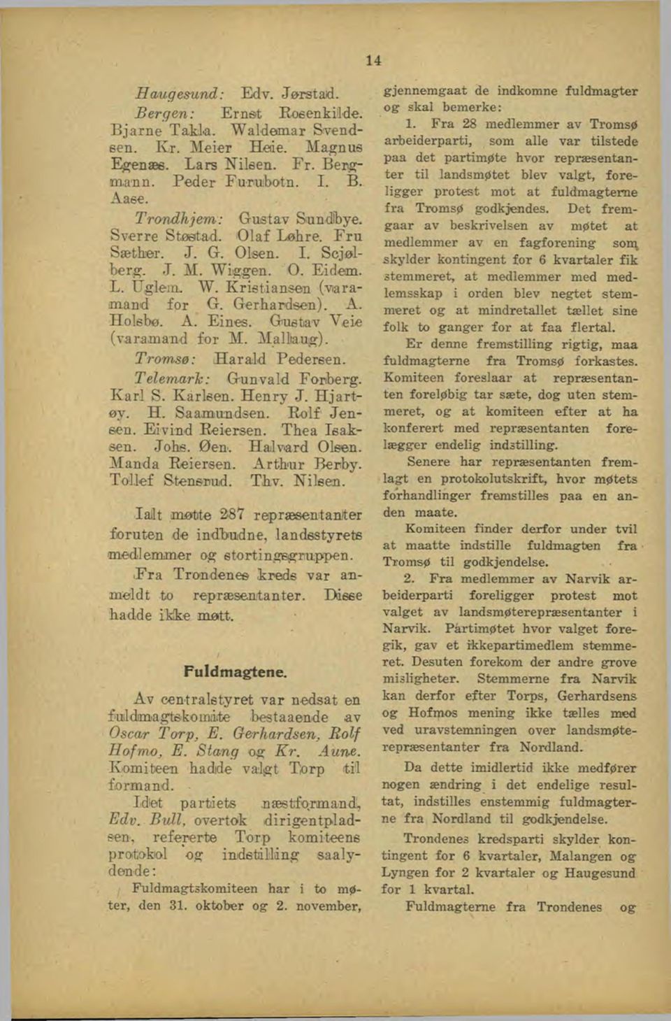 Gustiav V,eie (varamand for M. Malltauia;). Tromsø: Harald Pedersen. Telernarh: Gunvald Forberg. Karl S. Karlsen. Henry J. Hjartøy. H. Saamundsen. R olf Jensen. Eivind Eeiersen. Thea Teaksen. Johs.