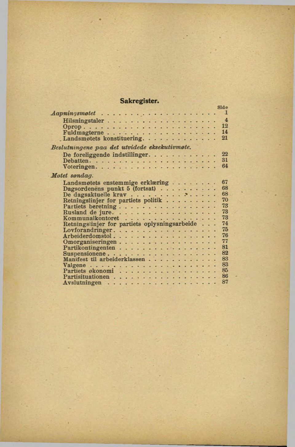 ..68 Retningslinjer for partiets p o litik...70 Partiets beretning... 73 Rusland de jure...73 K om m unalkontoret..._...73 Retningslinjer for partiets oplysningsarbeide... 74 Lovforandringer.