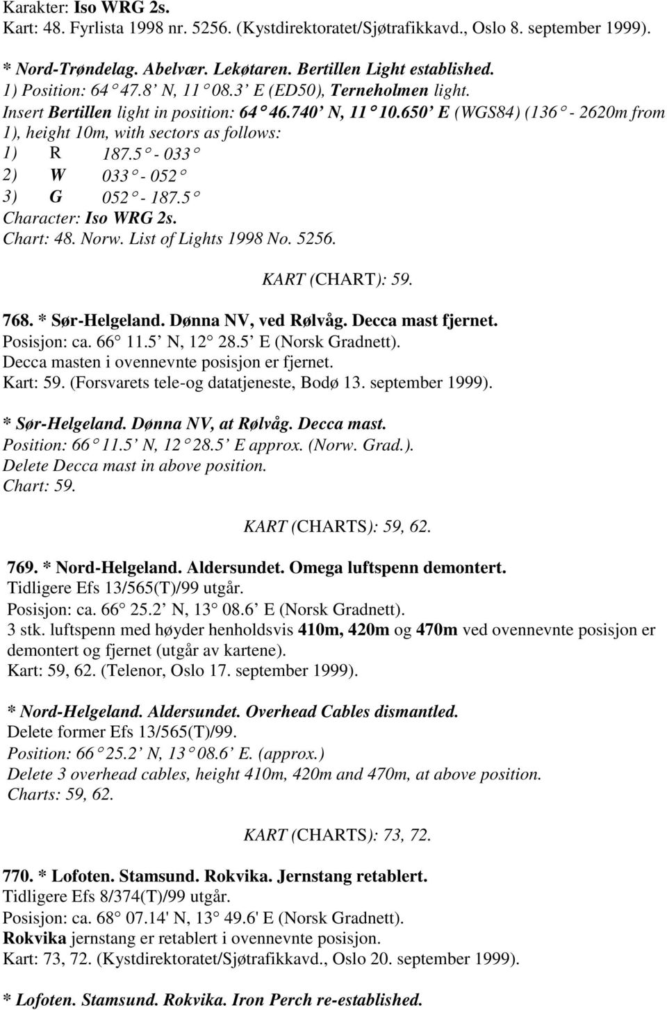 5-033 2) W 033-052 3) G 052-187.5 Character: Iso WRG 2s. Chart: 48. Norw. List of Lights 1998 No. 5256. KART (CHART): 59. 768. * Sør-Helgeland. Dønna NV, ved Rølvåg. Decca mast fjernet. Posisjon: ca.